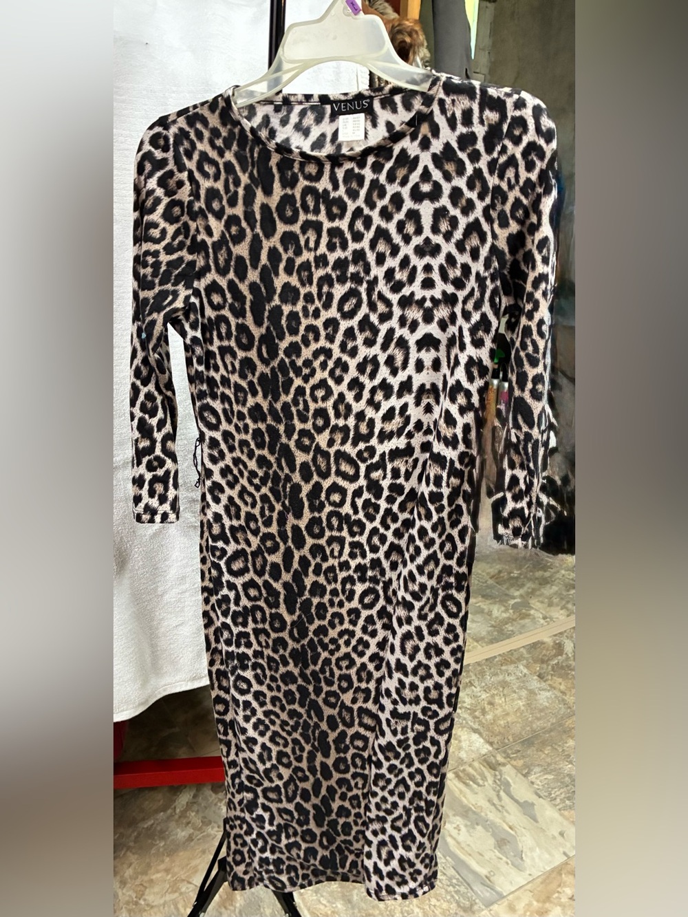 Leopard Print Long Sleeve Dress - Black & Cream.  Belt loops, missing belt